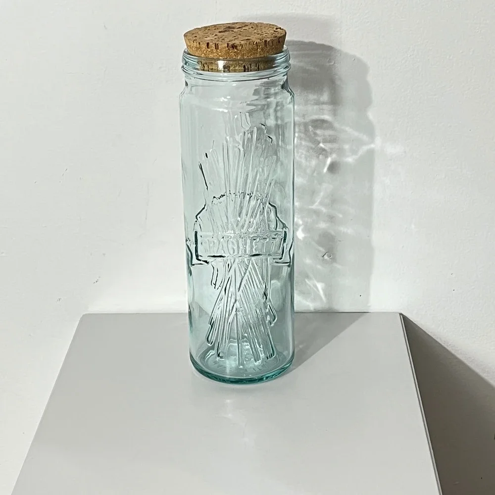 Vintage Glass Spaghetti Canister Made in Italy Clear Blue Tint Cork Lid 12.5